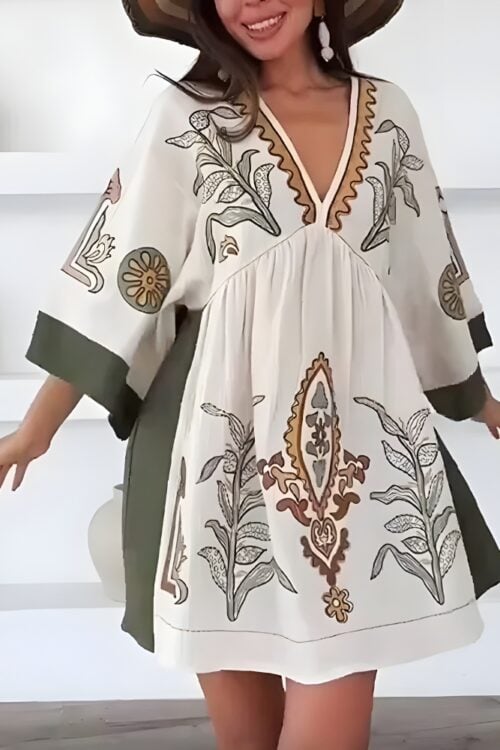 Robe mini lin et coton broderie florale boho été