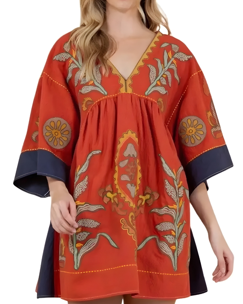 Robe mini lin et coton broderie florale boho été