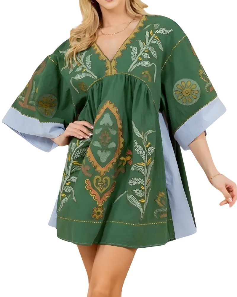 Robe mini lin et coton broderie florale boho été