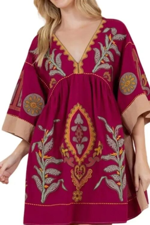 Robe mini lin et coton broderie florale boho été