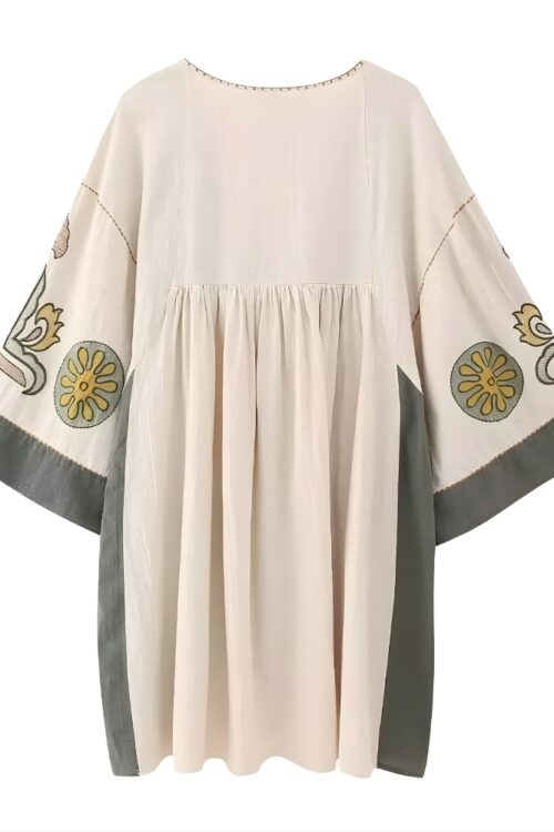 Robe mini lin et coton broderie florale boho été