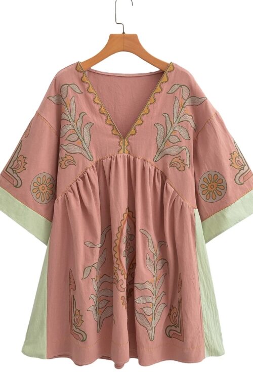 Robe mini lin et coton broderie florale boho été