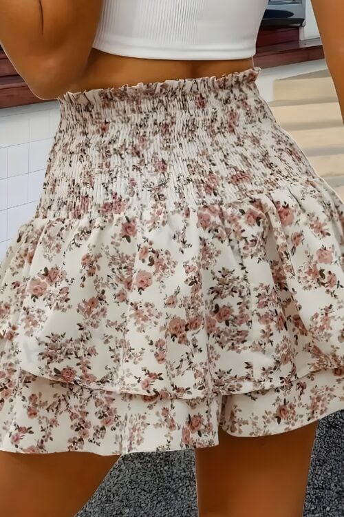 Jupe courte volants imprimé floral bohème