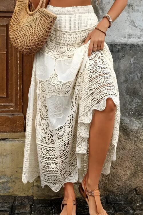 Jupe longue en dentelle crochetée bohème plage