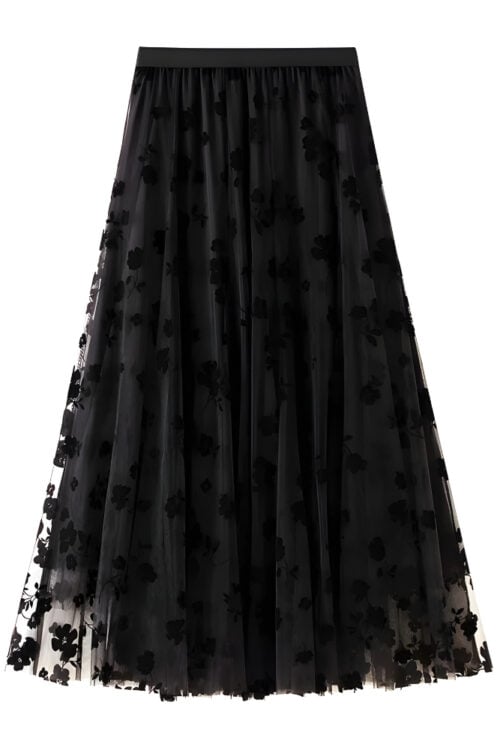 Jupe longue en dentelle fleurie à appliqués