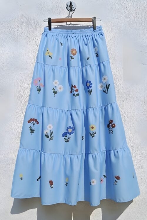 Jupe longue plissée imprimé fleuri taille élastique