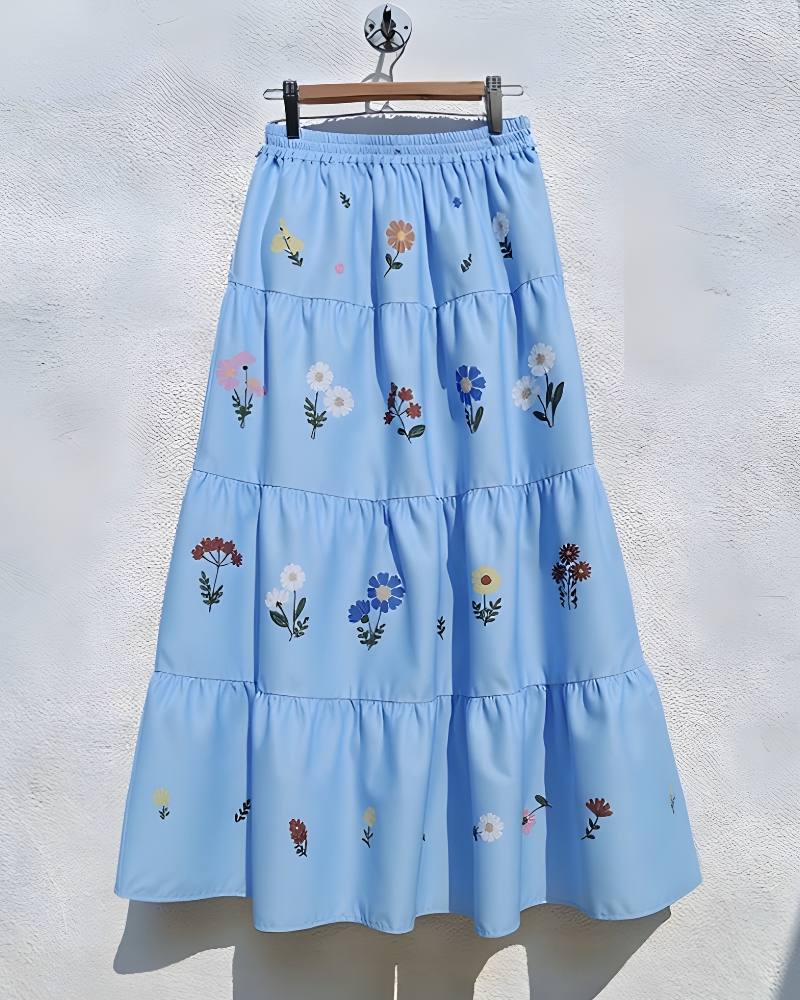 Jupe longue plissée imprimé fleuri taille élastique