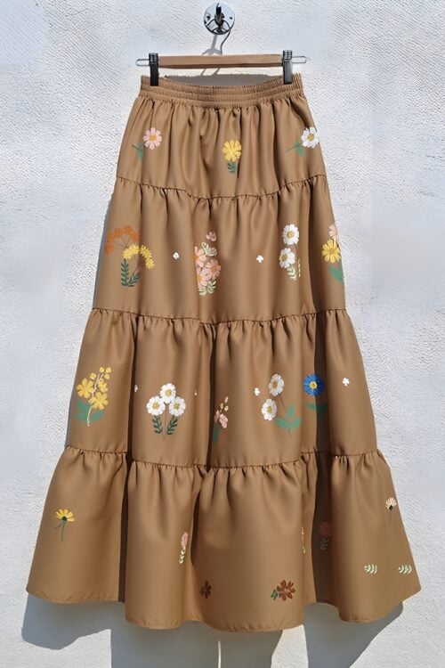 Jupe longue plissée imprimé fleuri taille élastique