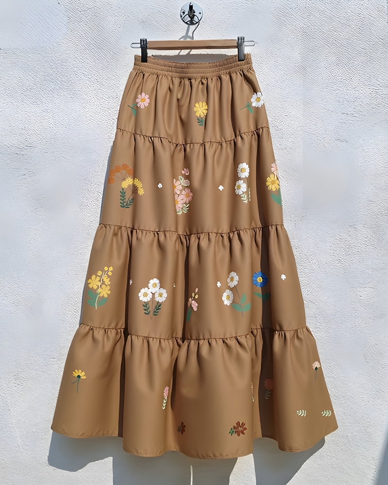 Jupe longue plissée imprimé fleuri taille élastique