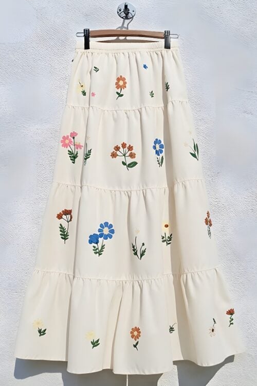 Jupe longue plissée imprimé fleuri taille élastique