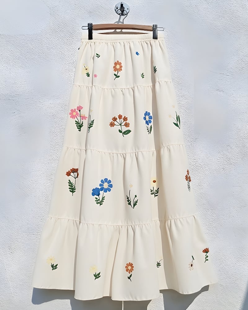 Jupe longue plissée imprimé fleuri taille élastique