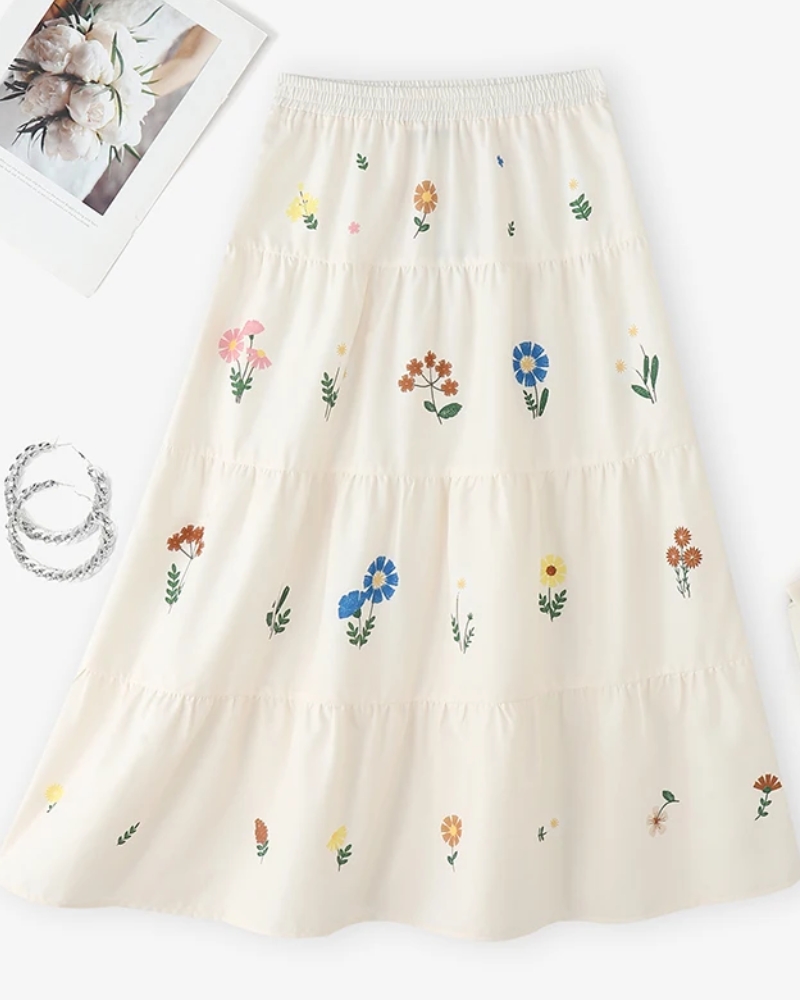 Jupe longue plissée imprimé fleuri taille élastique