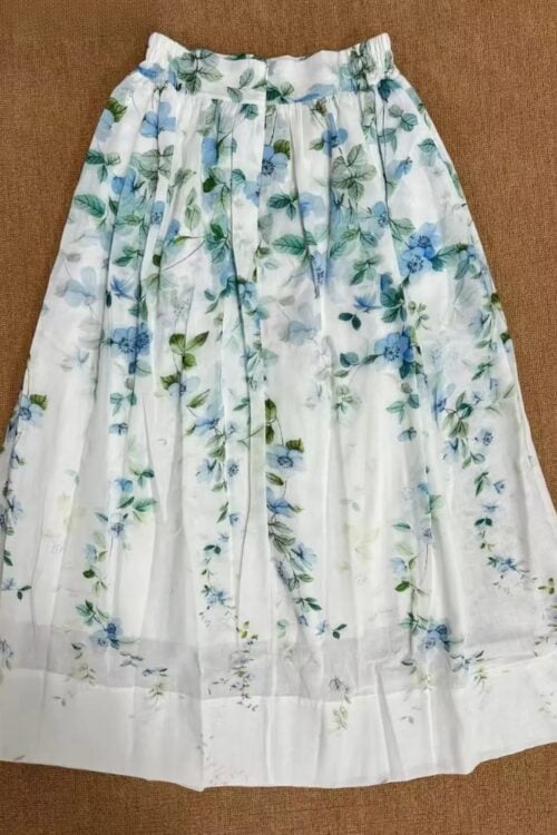 Jupe mi-longue lin floral bohème été