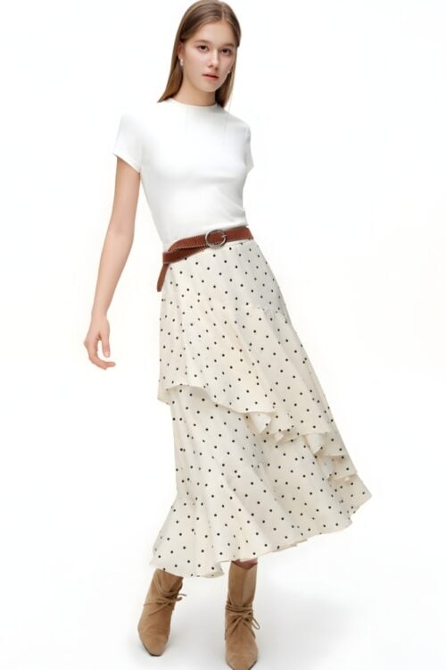 Jupe midi volants asymétrique pois bohème