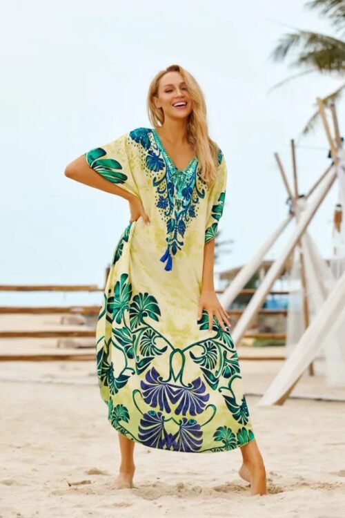 Robe de plage longue bohème imprimée fleurs
