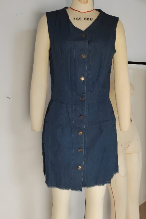 Robe en jean col V vintage bohème été