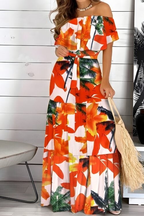 Robe longue bohème imprimé sans bretelle