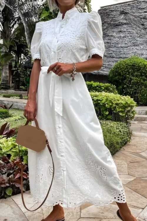 Robe longue broderie lacets coton bohème