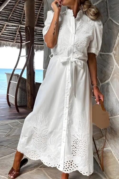 Robe longue broderie lacets coton bohème