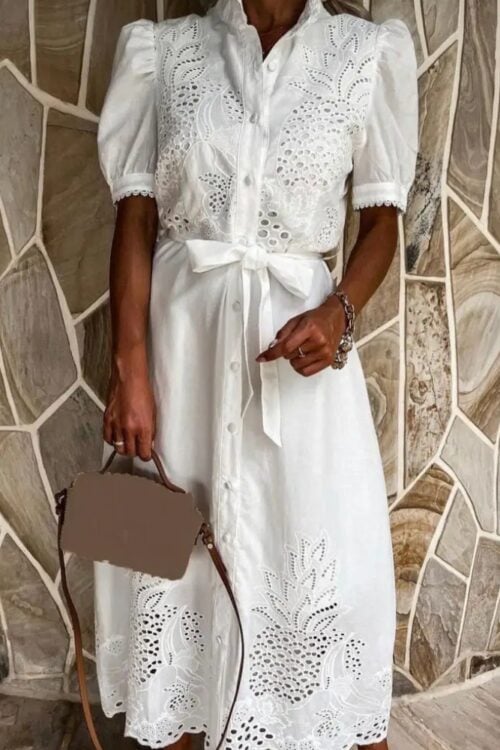 Robe longue broderie lacets coton bohème