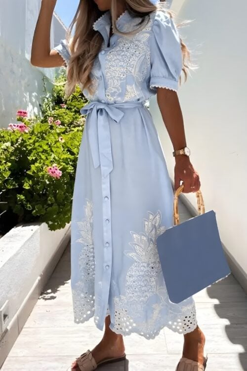 Robe longue broderie lacets coton bohème