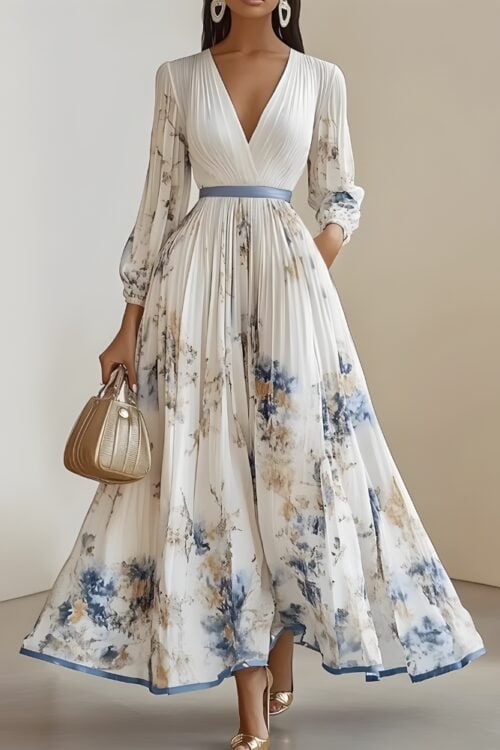 Robe longue imprimé col V bohème été
