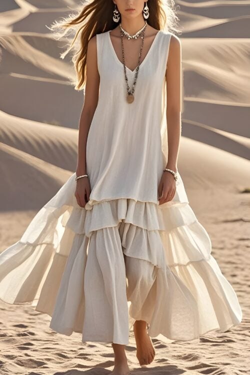 Robe longue plage unie bohème